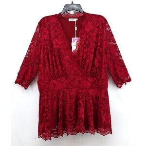DILANNI Blouse Womens Size 3X Red Floral Lace 3/4 Sleeve Lined Pullover Top NWT